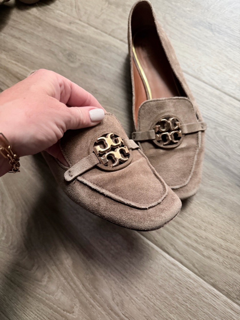 Tory Burch Taupe Suede Logo Loafers